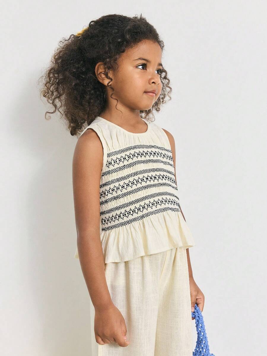 Maija Kids Bộ 2 món/bộ áo ba lỗ cổ tròn viền bèo nhún thường ngày mùa hè cho bé gái và quần dài - Màu be - Xem 1