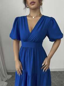 Rafferiza 优雅 V 领收腰褶皱喇叭下摆泡泡袖长裙，紫色，休闲度假装，春夏