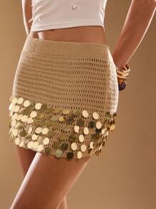 SHEIN BAE Jupe en tricot de luxe avec sequins et découpes pour femmes, décontractée, jupe, plage, vacances, Halloween, concert country, vacances, western