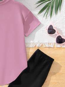 SHEIN Leap Crew 2pcs Young Girl Simple Casual Short Sleeve Top And Long Pants Set, Suitable For Spring & Autumn - Multicolor - View 4