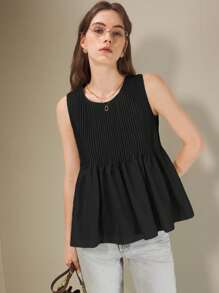Muvela Blusa elegante da donna con scollo rotondo, volant e orlo senza maniche, bianca tinta unita, top estivo elegante per signore