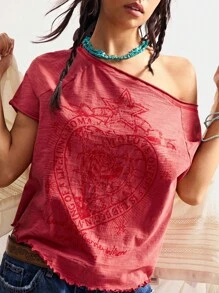Bohemela 女式纯色针织圆领短袖修身水洗T恤 - 紅色 - 查看 4