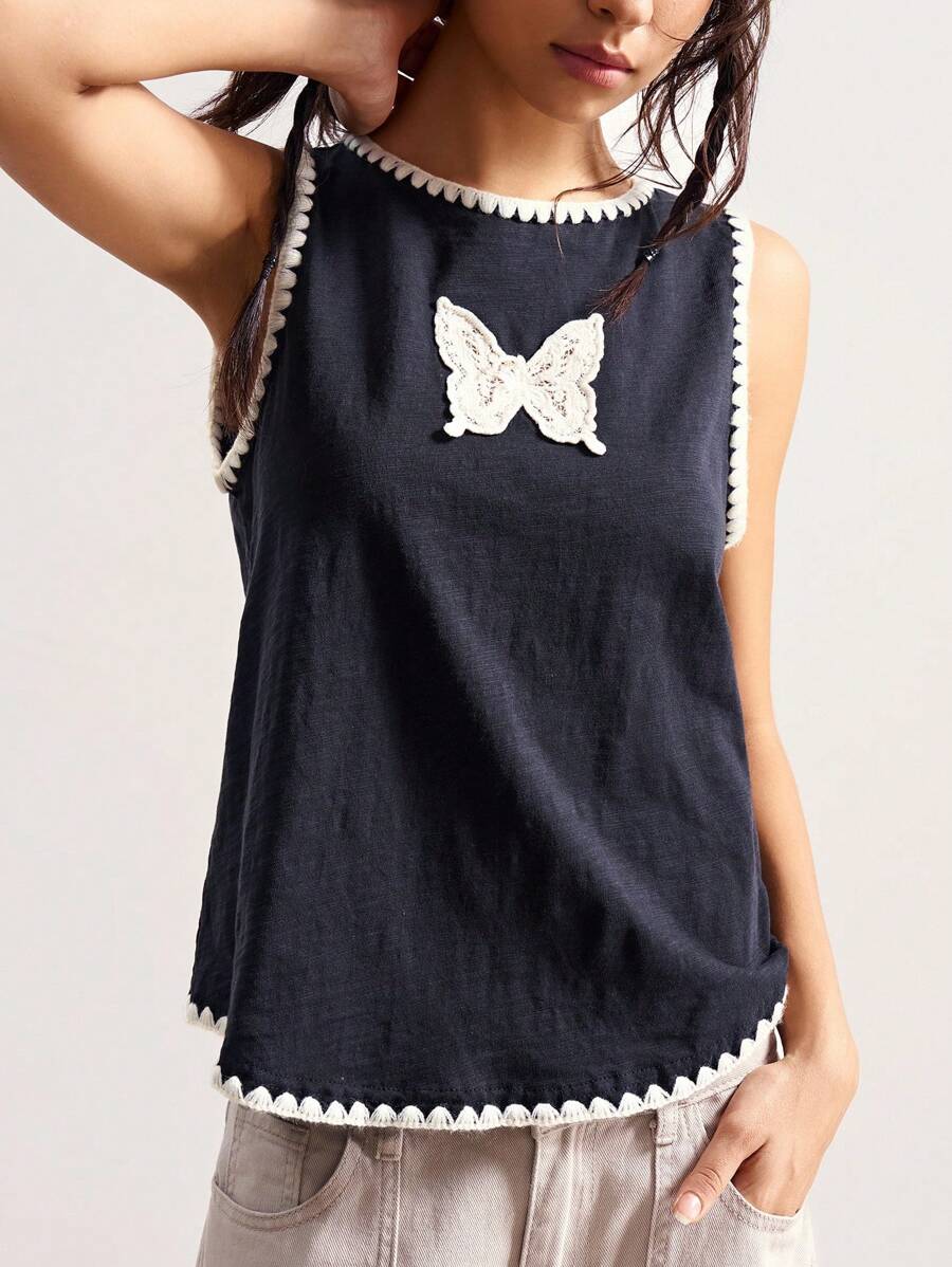 Bohemela 女式修身针织背心，带蝴蝶贴花花边，圆领蝴蝶上衣女式夏季上衣棉质上衣钩针装饰上衣蕾丝贴花上衣 - 黑色 - 查看 1