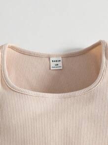 Girls' All-Match Solid Color Knitted Jumpsuit With Street Style, Short Sleeve, Khaki, Spring/Summer, School, Campus, College - Khaki - View 5
