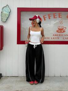 SHEIN EZwear 女士撞色抽绳腰部宽松阔腿休闲运动裤