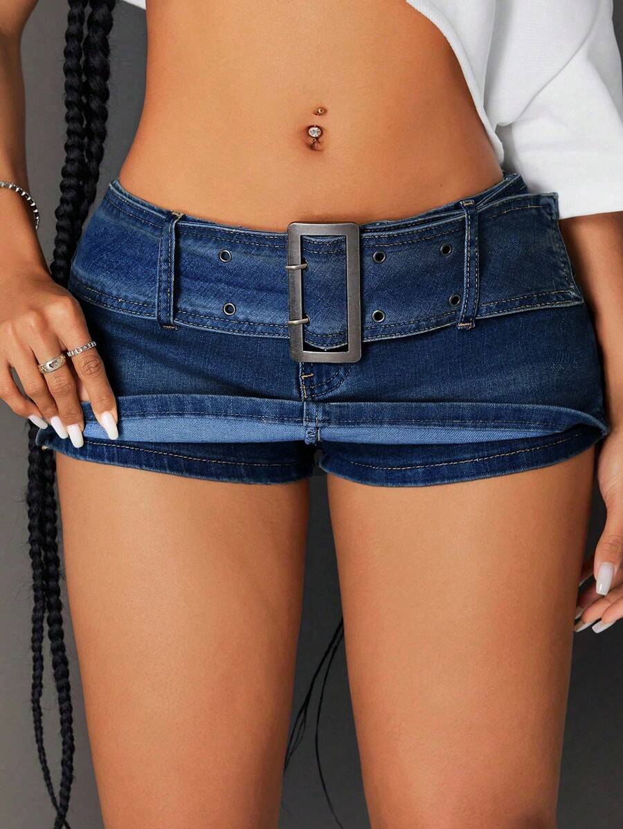 Jeanoix 女士性感低腰迷你牛仔短裤，夏季 - 深色水洗藍 - 查看 1