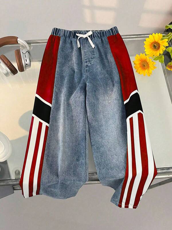 Tween Boys Fashion Casual Outdoor Loose Wide-Leg Drawstring Jeans