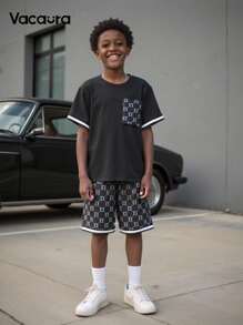 SHEIN 1 Set Tween Boy Black T-Shirt & Shorts 2 Pieces Outfit - Black - View 1