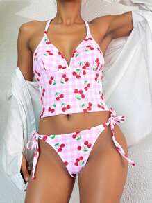 Women's Fashionable Sexy Bikini Swimsuit Set, Tie-Up Cherry Sweet Print, Elastic Fabric, Adjustable Shoulder Strap, Summer Cherry Bikini Cherry Print Bikini Cherry Bathing Suit Women Two Piece Cherry Swimsuit Gingham Cherry Bikini - Multicolor - View 6