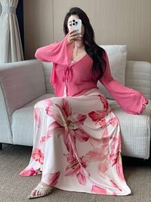 Vibekara 大码女式优雅花卉印花超长连衣裙，腰带透明短夹克，两件套 - 彩色 - 查看 1