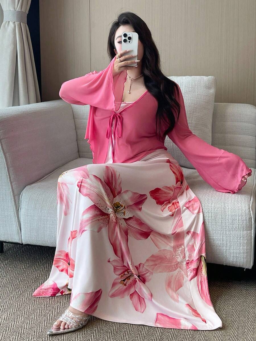 Vibekara 大码女式优雅花卉印花超长连衣裙，腰带透明短夹克，两件套 - 彩色 - 查看 1