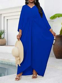 SHEIN Lady 节日连衣裙加大码香槟色梭织短袖女式长袍宽松垂坠节日新娘送礼会礼服沙滩女式高腰修身连衣裙 - 寶藍色 - 查看 4