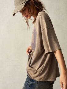 Bohemela Casual Solid Color Knit Round Neck Loose Washed Plus Size T-Shirt,Vintage - Dark Grey - View 7