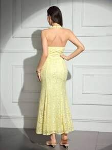Modelyn Women's Solid Color Lace Panel Halter Backless Sleeveless Arabic Style Dress - Yellow - View 5