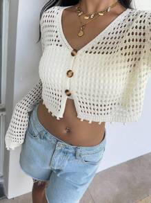 Sunnyshic Casual Versatile Solid Color Hollow Knit Cropped Cardigan, Slouchy Style Fall Winter Cloth For Women - Apricot - View 1