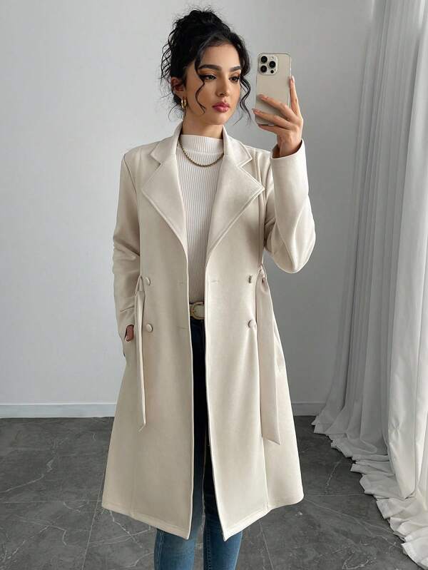SHEIN PETITE Business Casual Woman Fall Clothes Women's Elegant Solid Color Faux Suede Mid-Length Regular Jacket