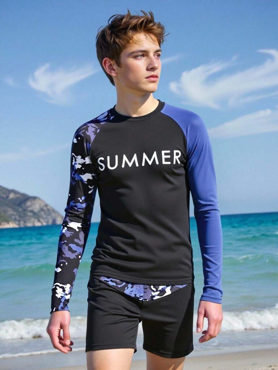 Teen Boys Camouflage Long Sleeve Swimsuit Set