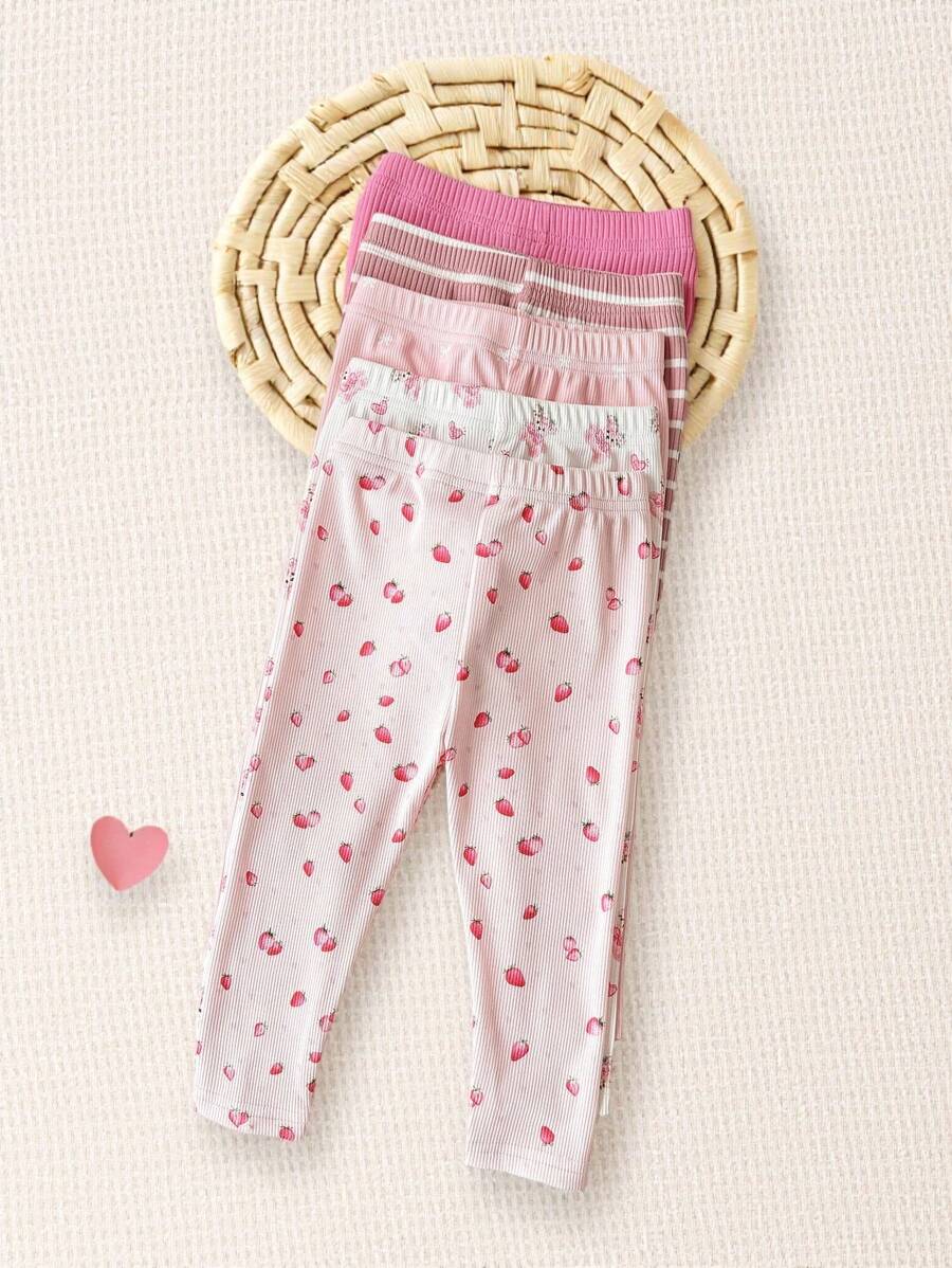 SHEIN Vintaside Kids Bộ 5 quần lót in họa tiết sọc hình gấu trái tim cho bé gái, phù hợp mặc hàng ngày, thích hợp cho mùa xuân/hè - Hồng - Xem 1