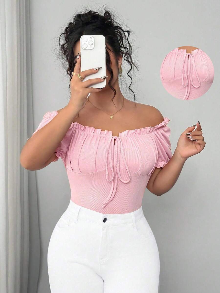 Elenzga Plus Size Solid Ribbed Elegant Short Sleeve T-Shirt With Front Tie Detail, New Arrival In June