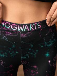 HARRY POTTER X SHEIN 女士全印花高腰紧身机车短裤 - 黑色 - 查看 6