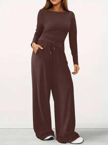 INAWLY Women's Casual Solid Color Long Sleeve Top And Pants 2 Pieces Set Fall Cloth For Women