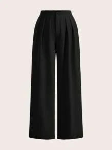 SHEIN PETITE CURVE 两件套加大码高腰裤套装，黑色+卡其色，两件套阔腿裤，高腰褶皱阔腿裤，黑色长裤，宽松版型，长裤，商务休闲女装，适合身材娇小的女性，春季女装，毕业典礼，优雅休闲，女士正装，黑色长裤，高腰，宽松裤 - 彩色 - 查看 5