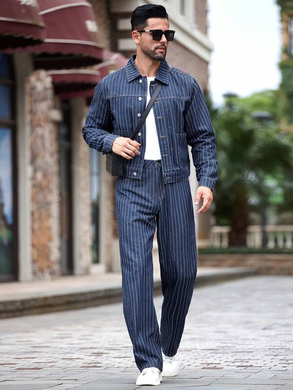 Manfinity Homme طقم بدلة رجالي كاجوال مكونة من جاكيت مخطط وبنطال جينز