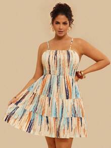 SHEIN VCAY Váy hai dây boho họa tiết cọ xếp nếp cỡ lớn, dành cho mùa hè - Nhiều màu - Xem 3