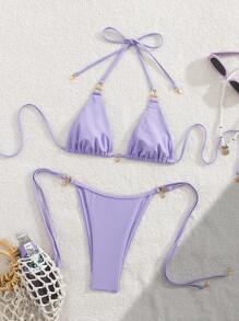 Sunnyshic 2 件套性感纯色吊带海星装饰和侧系带泳裤，夏季度假时尚 - 紫色 - 查看 5