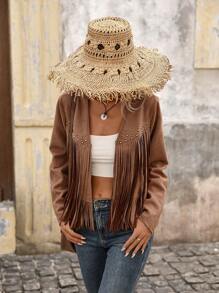 Brillora 波西米亚女士纯色流苏边开衫，秋季服装 - 卡其色 - 查看 6