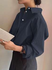 DAZY 女士纯色长袖单排扣休闲宽松衬衫 - 藏蓝色 - 查看 3