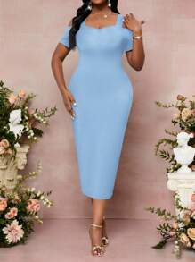 SHEIN Lady 2025 New Clothing Plus Size Women Off Shoulder Short Sleeve Bodycon Elegant Dress Cruise Outfits Women,Formal Dresses For Women Vintage Teacher Outfits For Womenall Women Clothes Business Casual Woman Beach Outfits For Woman Sun Dresses For Women Wedding Guest Dress Women   Wedding Guest Dress Women Back To School Fall Women Clothes Teacher Outfits For Women Business Casual Woman Office Outfits For Women Elegant Dresses For Women Work Clothes Women Teacher Vintage - Baby Blue - View 3