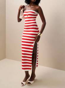 Zolique Women's Simple & Stylish Red & White Striped Strapless Side Slit Hem Knitted Dress - Red and White - View 5
