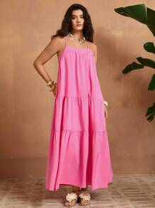 SHEIN VCAY Plus Size Women Holiday Solid Color Ruffle Hem Spaghetti Strap Dress - Hot Pink - View 5