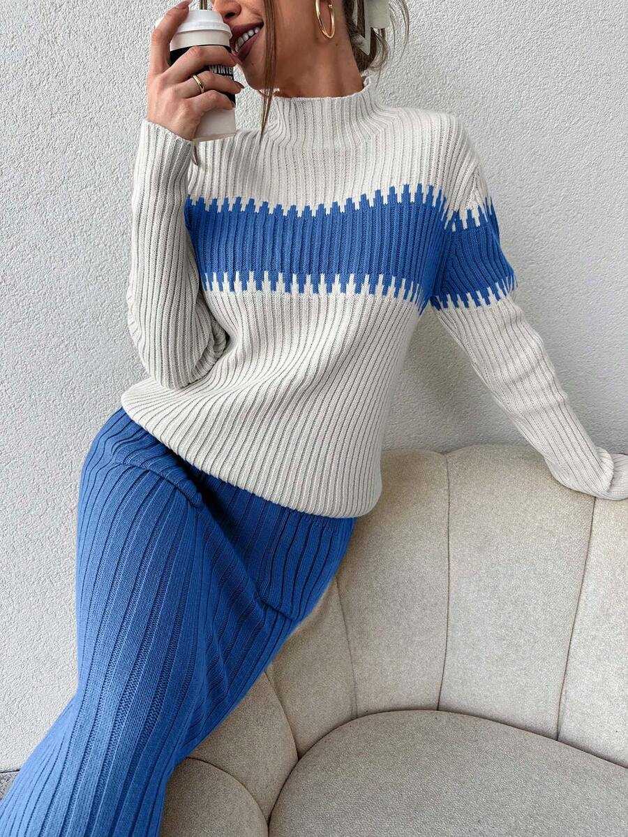 SHEIN Cottnline 2件套女士休闲宽松长袖毛衣上衣和裙子套装 - 藍色 - 查看 1