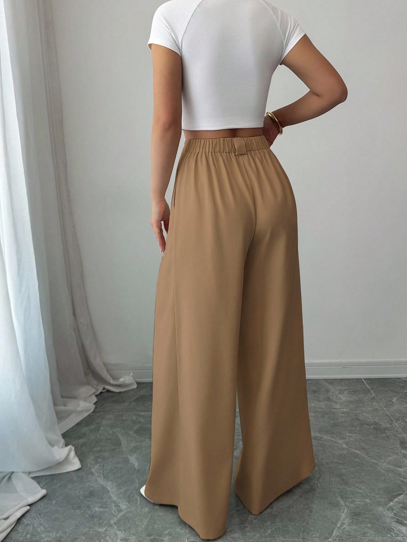 Elenzga سروال مرتفع الخصر بلون المشمش الصلب ، طراز...