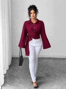 SHEIN Unity Chemise de bureau à manches évasées de couleur unie élégante grande taille - Rouge - Voir 7