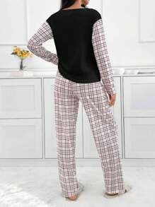 SHEIN Cottnline 2件套棉质格子衬衫和格子图案休闲裤家居服套装 - 黑色 - 查看 2