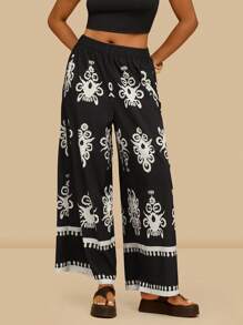 SHEIN VCAY Plus Size Women Print, Black Apricot, Summer Vacation Boho Pants Wide Leg Pants Pants Women Wide Leg Pants Printed Wide Leg Pants,Vacation Vacay Beach Holiday Summer City Break, Boho Chic Boho Style, European Summer Island Vacation Honeymoon Travel Airport Going Out, Country Country Concert Old Money, Miami South Beach