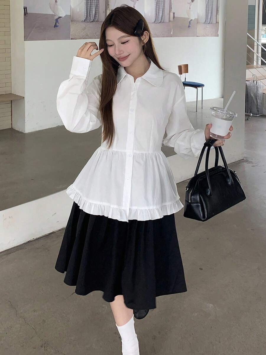 DAZY Áo kiểu Hàn Quốc tay dài cổ polo viền bèo nhún trơn màu cho nữ, áo babydoll, quần áo nữ mùa thu - trắng - Xem 1