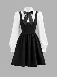 SHEIN Tween Mädchen Lässig Schule Alltag 2 in 1 Langarm Hemdkragen Kleid mit Schleife, Preppy Uniform Rückkehr zur Schule