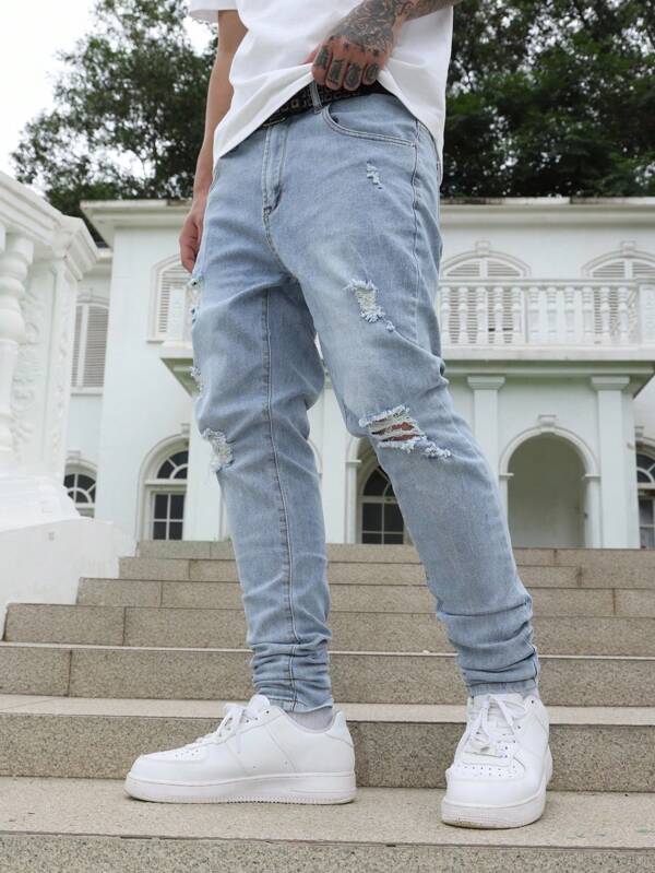 Manfinity LEGND Men's Slim Fit Distressed Knee Blue Denim Jeans, Stretchy Skinny Fit Pants For All Seasons Men Distressed Jeans