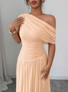 Elenzga 女士纯色优雅法式连衣裙，针织扭肩褶皱收腰修身长礼服，奢华晚礼服 - 粉色 - 查看 5