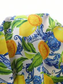 SHEIN 年轻女孩柠檬印花荷叶边袖长裙，暑假，妈妈和女儿及姐妹搭配风格，适合家庭度假，假期，海滩度假， - 彩色 - 查看 6