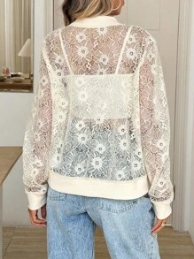 SHEIN LUNE 女式休闲蕾丝长袖拉链棒球夹克 - 杏色 - 查看 2