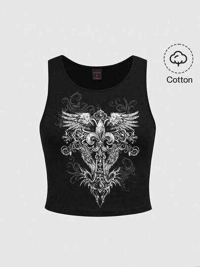 ROMWE Grunge Punk Punk Style Vintage Vine Wing Cross Decor Plus Size Black Tank Top, Summer Music Festival