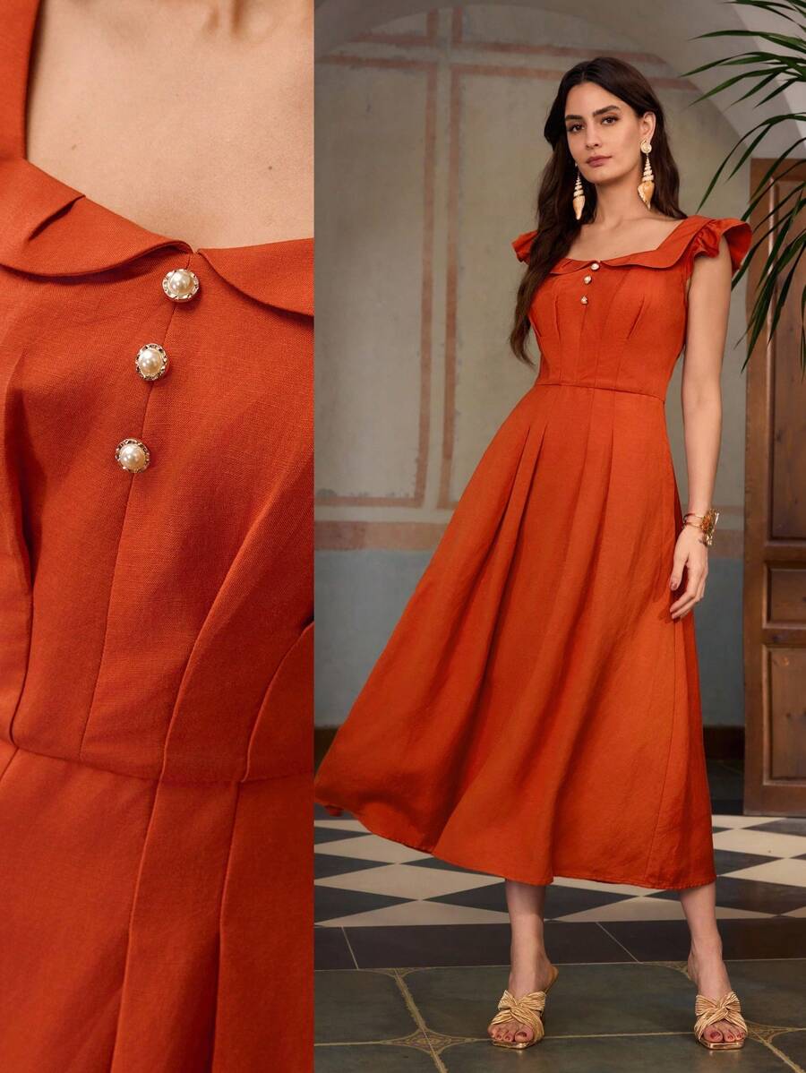 ZEYLAH Women Linen Midi Dresses - Orange - View 1