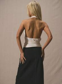 MUSERA 深V露背修身长款上衣，春季可爱度假风，90年代优雅Y2K基础款，适合户外、工作、日常休闲、毕业典礼、节日、外出、夜店等场合，优雅夏日度假风 - 白色 - 查看 3