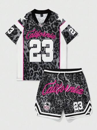 Prep Set de 2 piezas compuesto por camiseta y shorts de baloncesto con estampado de leopardo para hombre