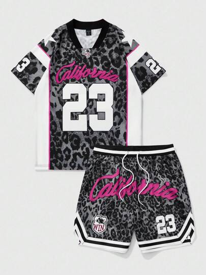 Prep 2 Stücke/Set Herren Leopard Muster Basketball Trikot T-Shirt und Shorts Set